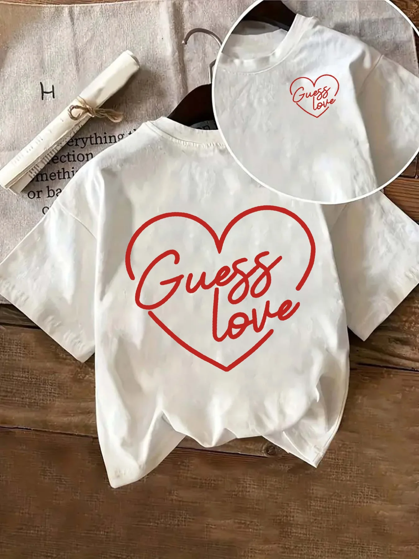 Damen-Grafik-T-Shirt „Guess Love“, lässiges weißes Kurzarm-T-Shirt mit rotem Herz-Design, Sommer-Kurzarm-Harajuku-Streetwear Image