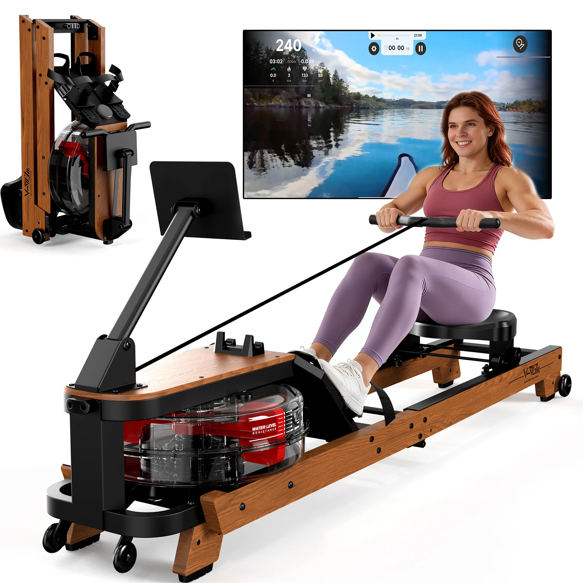 FYSIQ Wasser Rudergerät for Home aus Holz Klappbar mit Bluetooth Monitor & Tablet-Halter, Komfort-Sitz, bis 180kg Belastbar Image