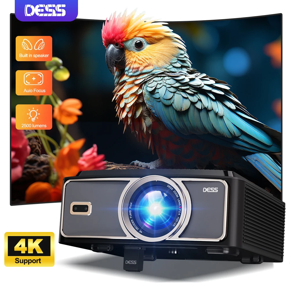 DESS 4K-Projektor, 1080P, tragbar, 2500 Lumen, LED-Projektor, Überwurf, 400 Zoll BT5.2, eingebauter Lautsprecher für Heimkino-Videoprojektor Image