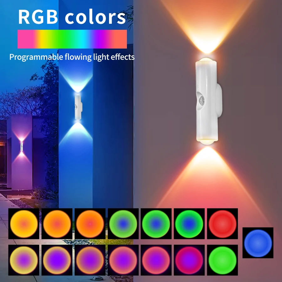 LED-Wandleuchte mit Bewegungsmelder, nach oben und unten leuchtendes wiederaufladbares Nachtlicht für Flur, Treppen, Schlafzimmer, Umgebungsdekoration, 3 Farben, RGB