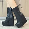 Sukeia Neue Mode Frauen Winter Stiefeletten Zurück Zipper Runde Kappe Keile Heels Schwarz Casual Schuhe Damen UNS Plus Größe 5-20