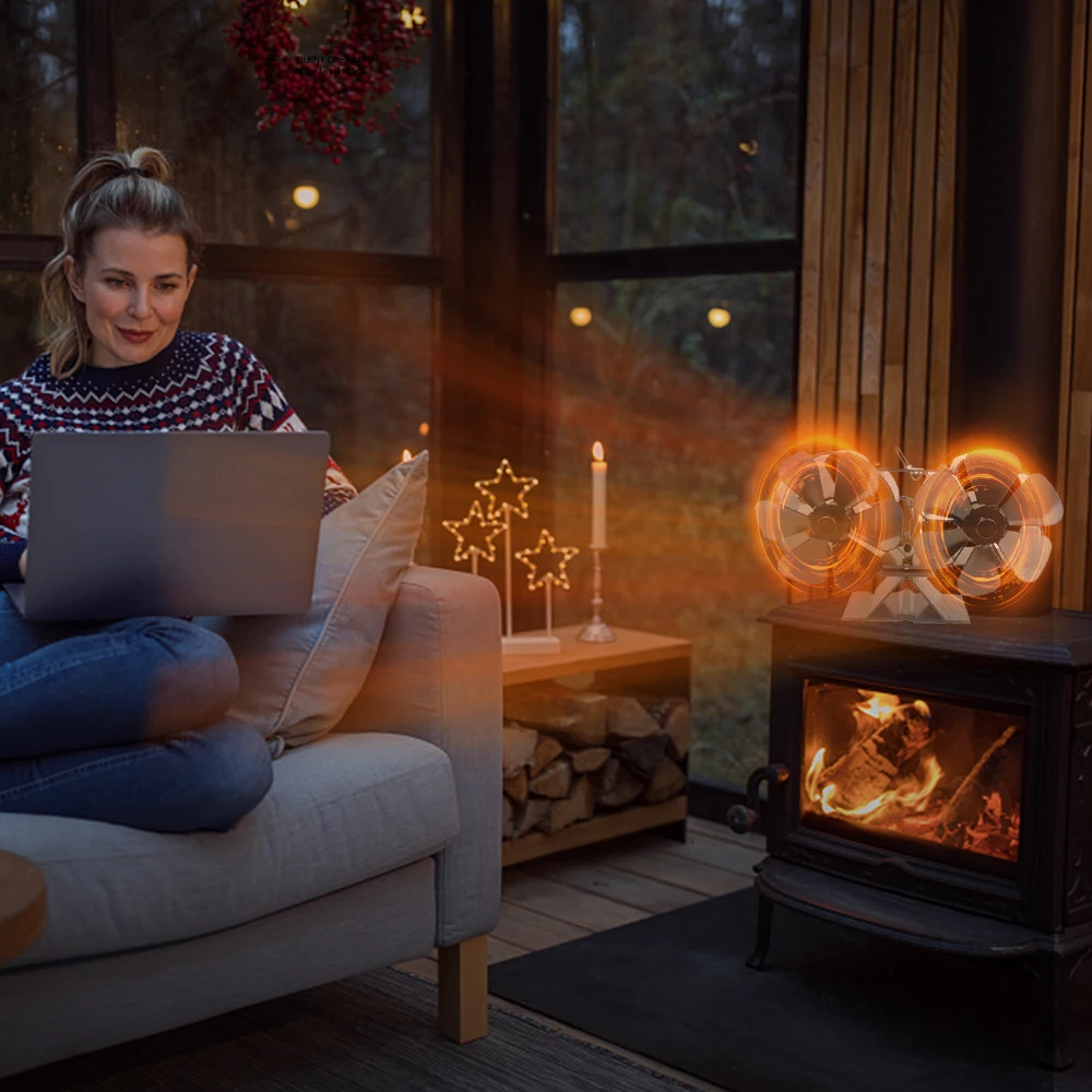 LT416 Kaminventilator mit zwei Köpfen, leiser Betrieb, 180–220 CFM, 1400 U/min, Aluminiumlegierung, 6 Flügel, wärmebetriebener Holzofenventilator Image