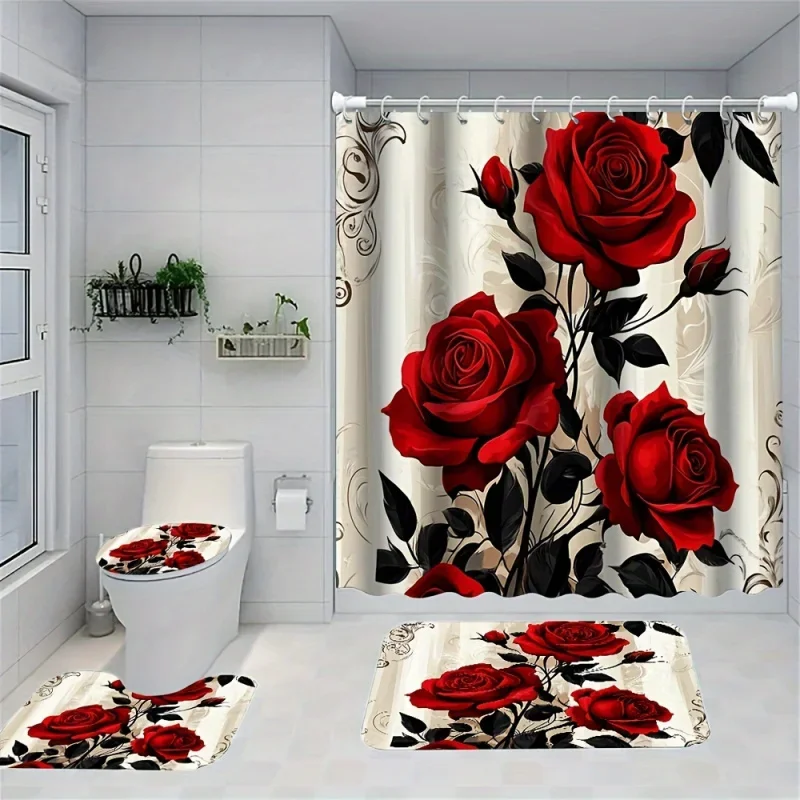 Bellissimo set di tende da doccia con rose da 4 pezzi, set da bagno decorativo include tenda da doccia impermeabile, tappetino antiscivolo, WC