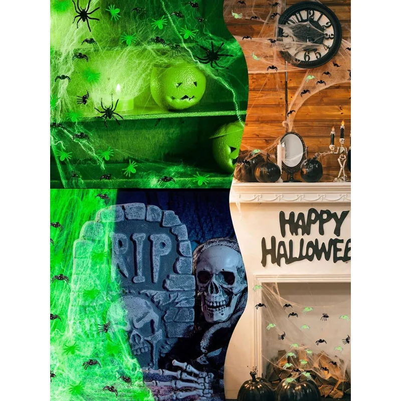Im Dunkeln leuchtendes Spinnennetz-Set mit Spinnen, fluoreszierendes, erweiterbares Spinnennetz für Halloween-Dekoration, Party im Innen- und Außenbereich Image