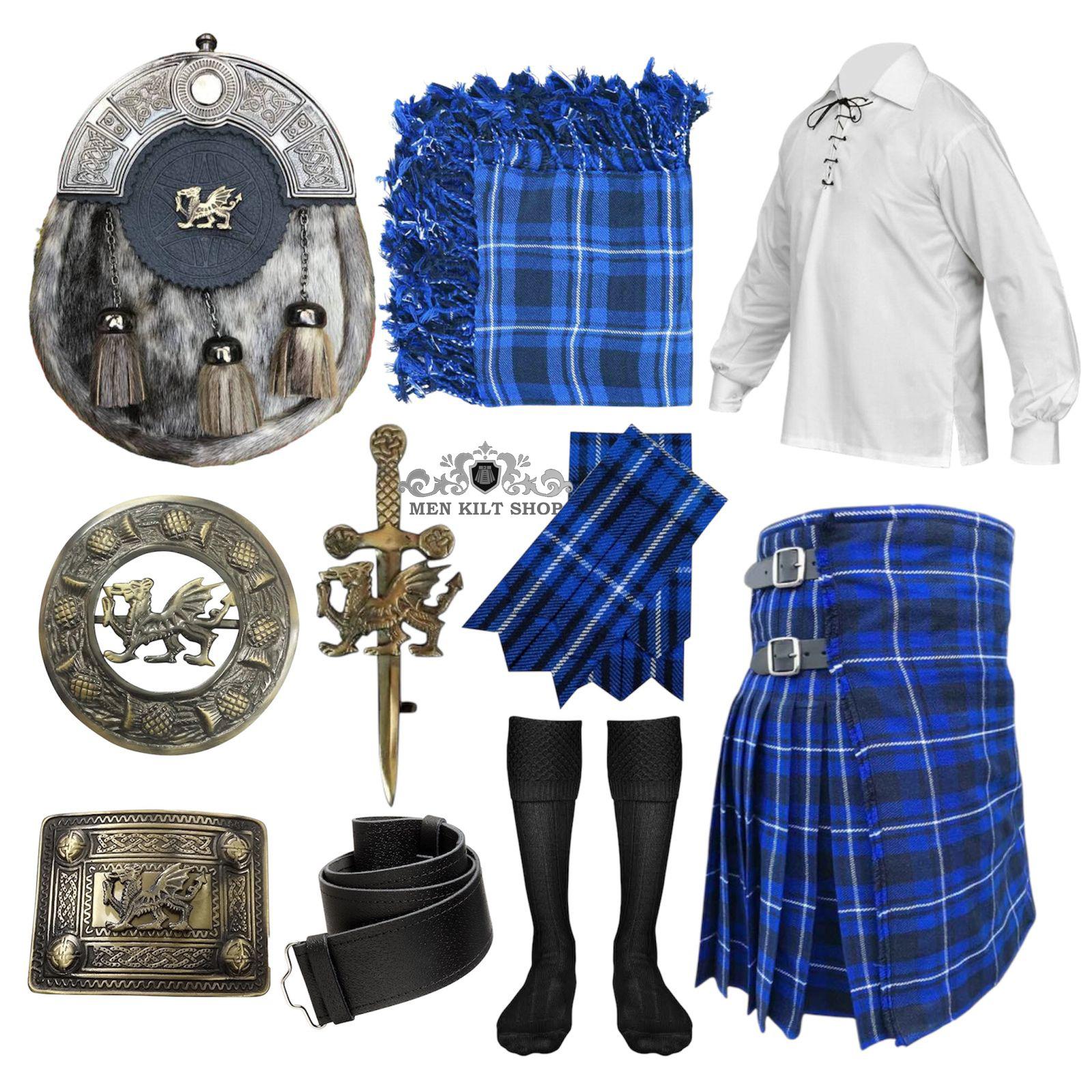 Completo da uomo scozzese da 11 pezzi con kilt da sposa con drago gallese, set di kilt da sposa delle Highlands disponibile in oltre 50 colori tartan