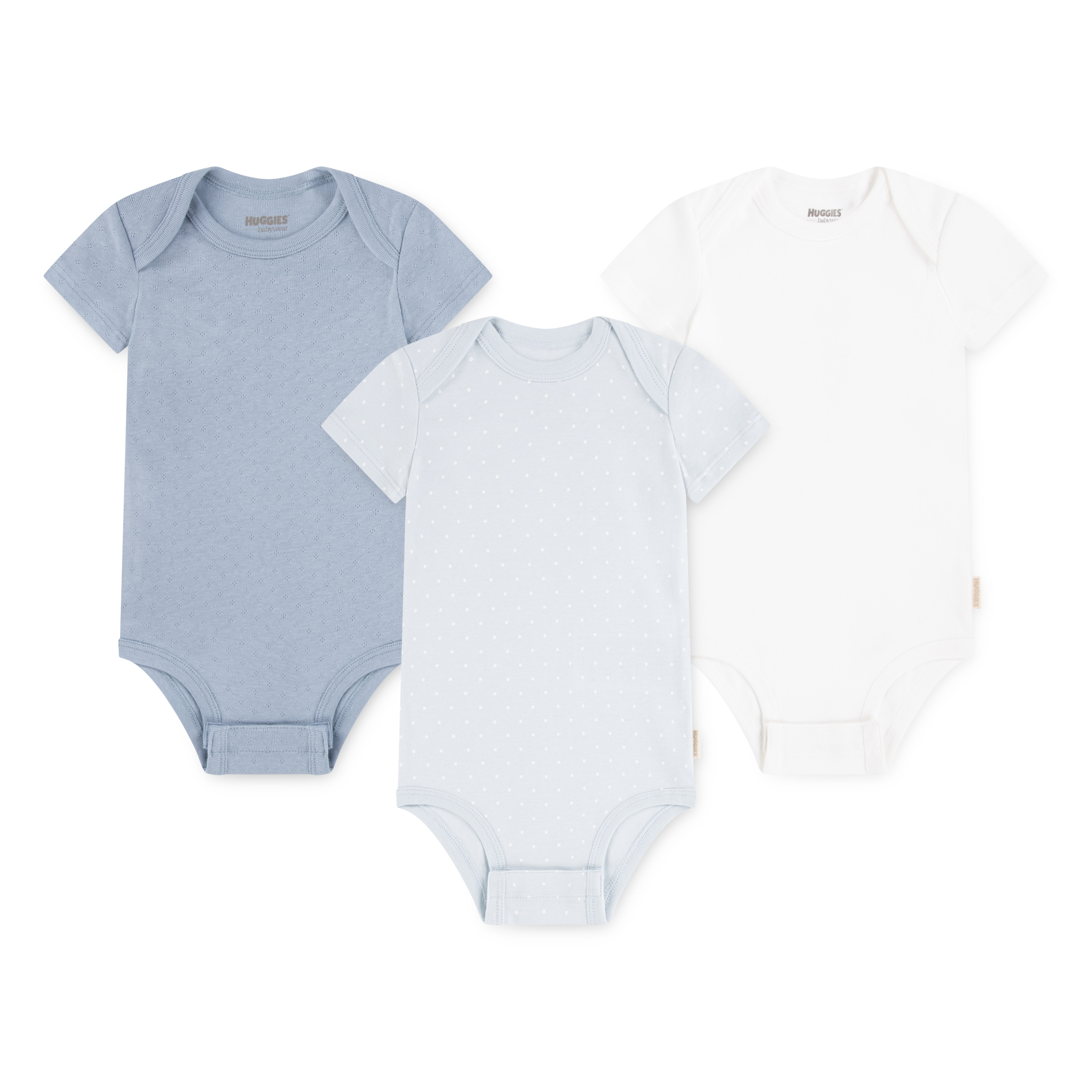 Body HUGGIES BABYWEAR "HUGB 3PK BODYSUIT", Baby, Gr. 6 (86), N-Gr, ashley blau, Jersey, Obermaterial: 100% Baumwolle, Basic, Rundhals, Bodys, aus Baumwolle Image