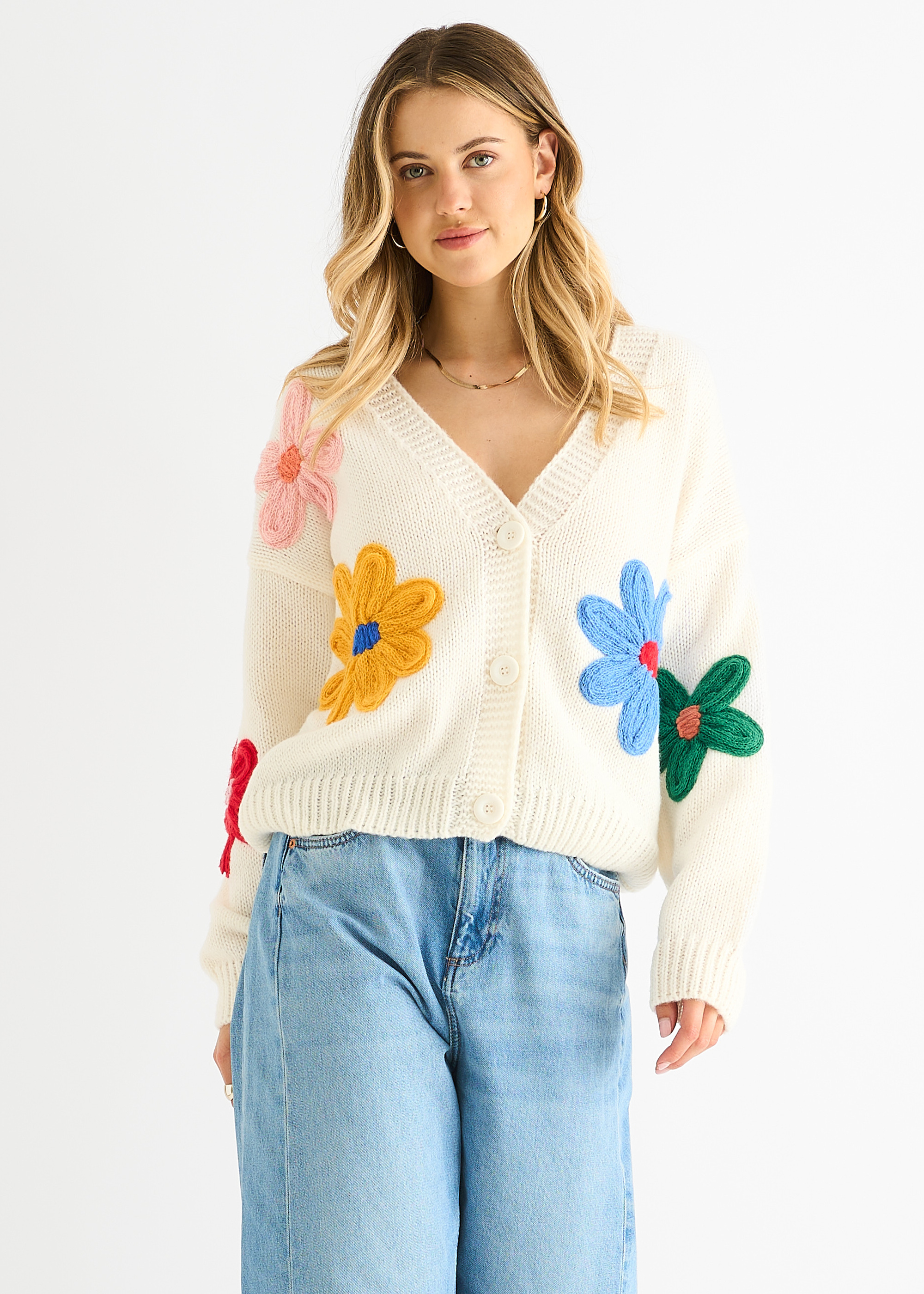 Cremefarbener floraler Strick-Cardigan mit langen Ärmeln Image