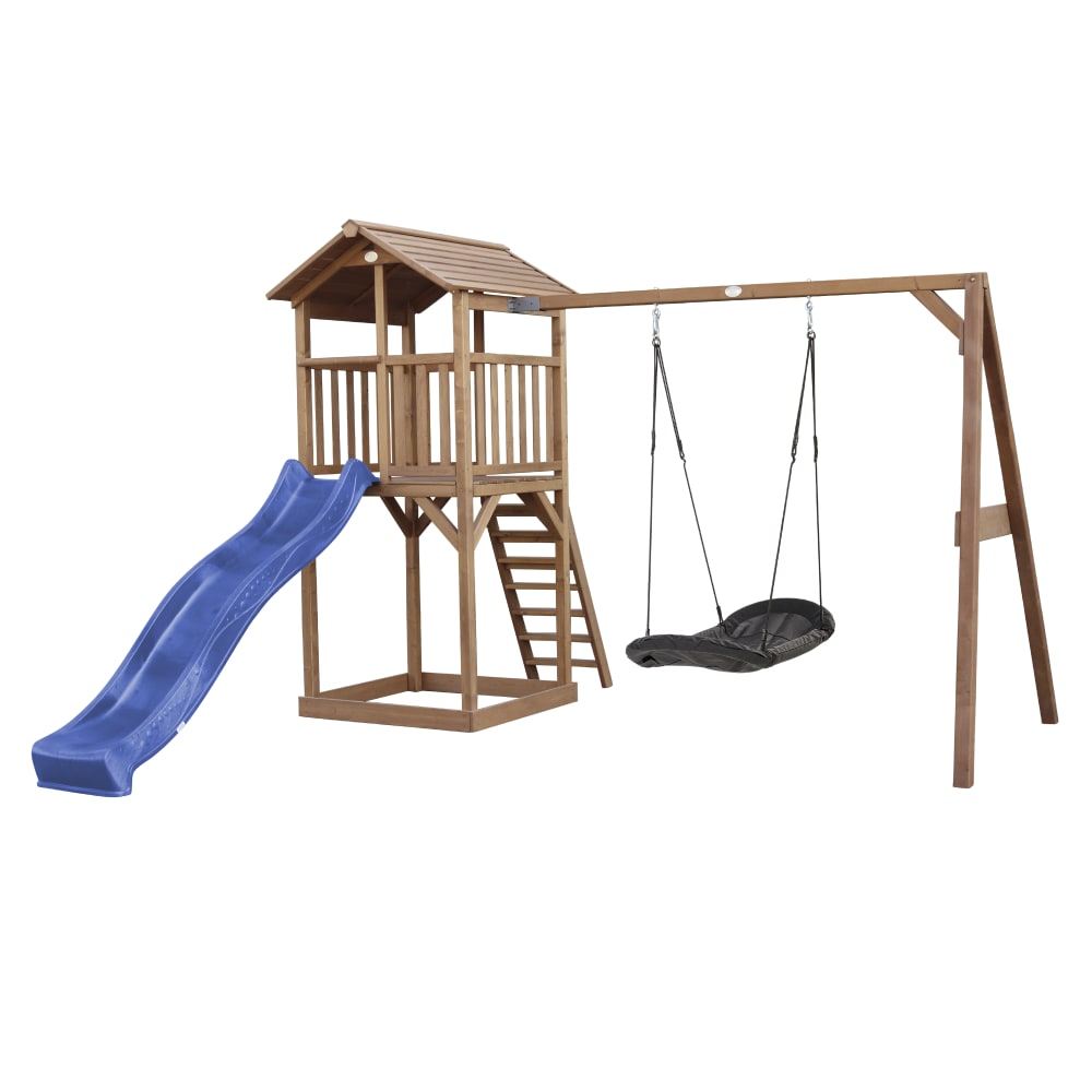 Parco giochi con arrampicata, scivolo blu, altalena, legno, marrone