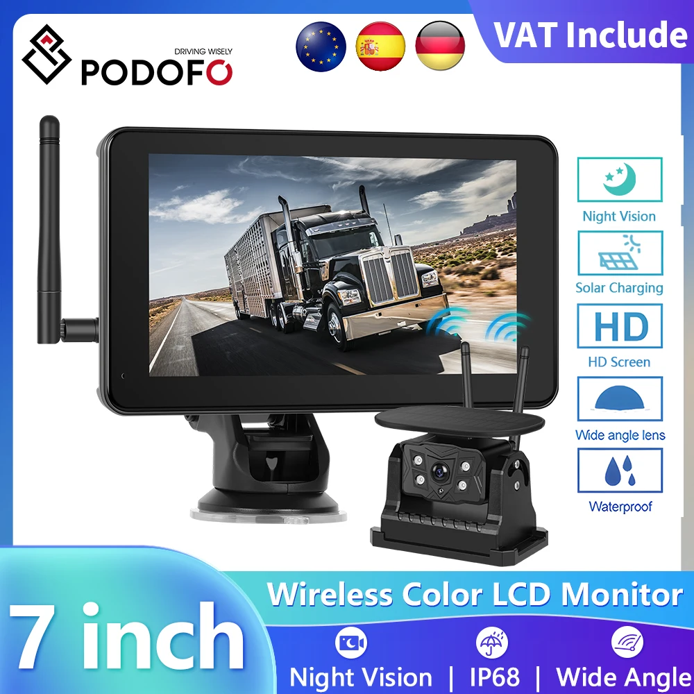 Podofo 7 Zoll kabelloser HD-Automonitor mit Nachtsicht-Rückfahrkamera für LKW, Bus, Wohnmobil, Anhänger, Bagger, 12 V-36 V, BSD-System Image