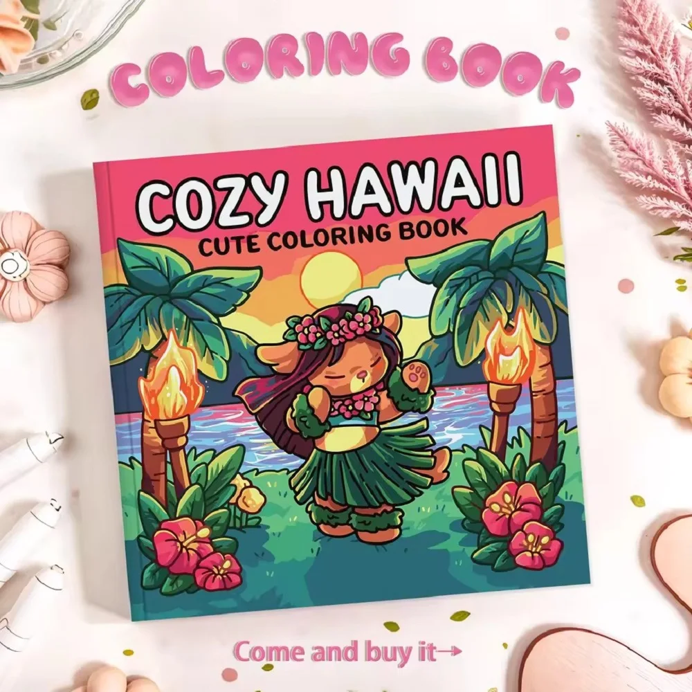 Gemütliches Hawaii: Niedliches Malbuch für Erwachsene und Jugendliche mit bezaubernden Charakteren und einfach zu färbenden tropischen Szenen zur Entspannung Image