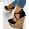 Sukeia Neue Mode Frauen Plattform Pumpen Schnalle Keile Heels Runde Kappe Schöne Schwarz Party Schuhe UNS Plus Größe 5-20