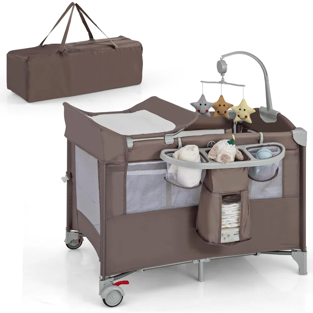 Pack and Play with Bassinet, 5-in-1 Baby Bedside Sleeper w/Diaper Changing Table & Storage Bag, Toy Arch & Music Box,