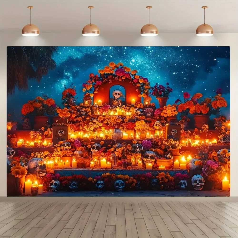 Mexikanischer Tag der Toten Altar-Hintergrund, bedruckter Wandteppich, geeignet für Heimdekoration und Halloween-Party-Dekoration Image
