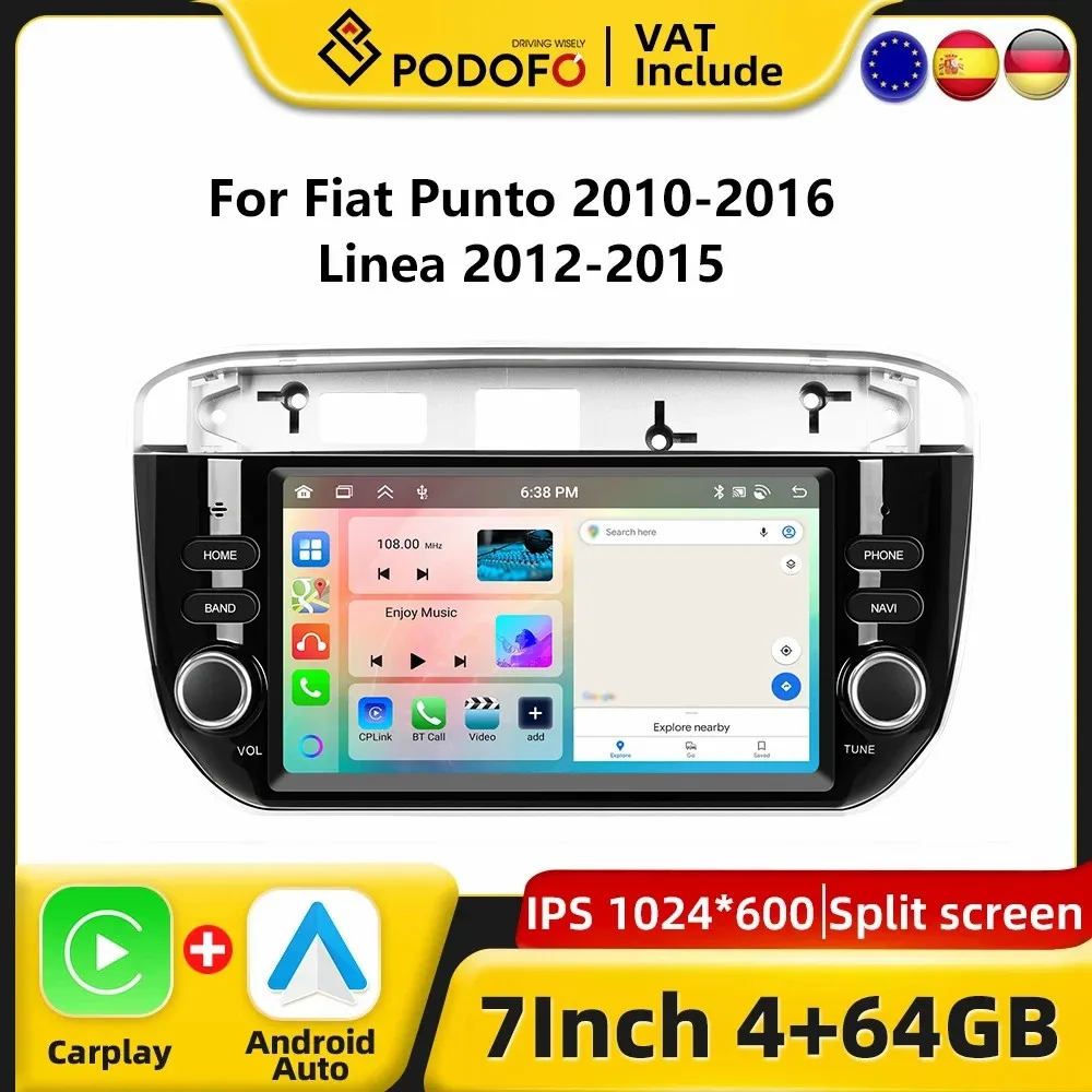 Podofo CarPlay Android Radio For Fiat Punto 2010-2016 Linea 2012-2015 Car Intelligent System 2din GPS Stereo WiFi RDS Autoradio Image