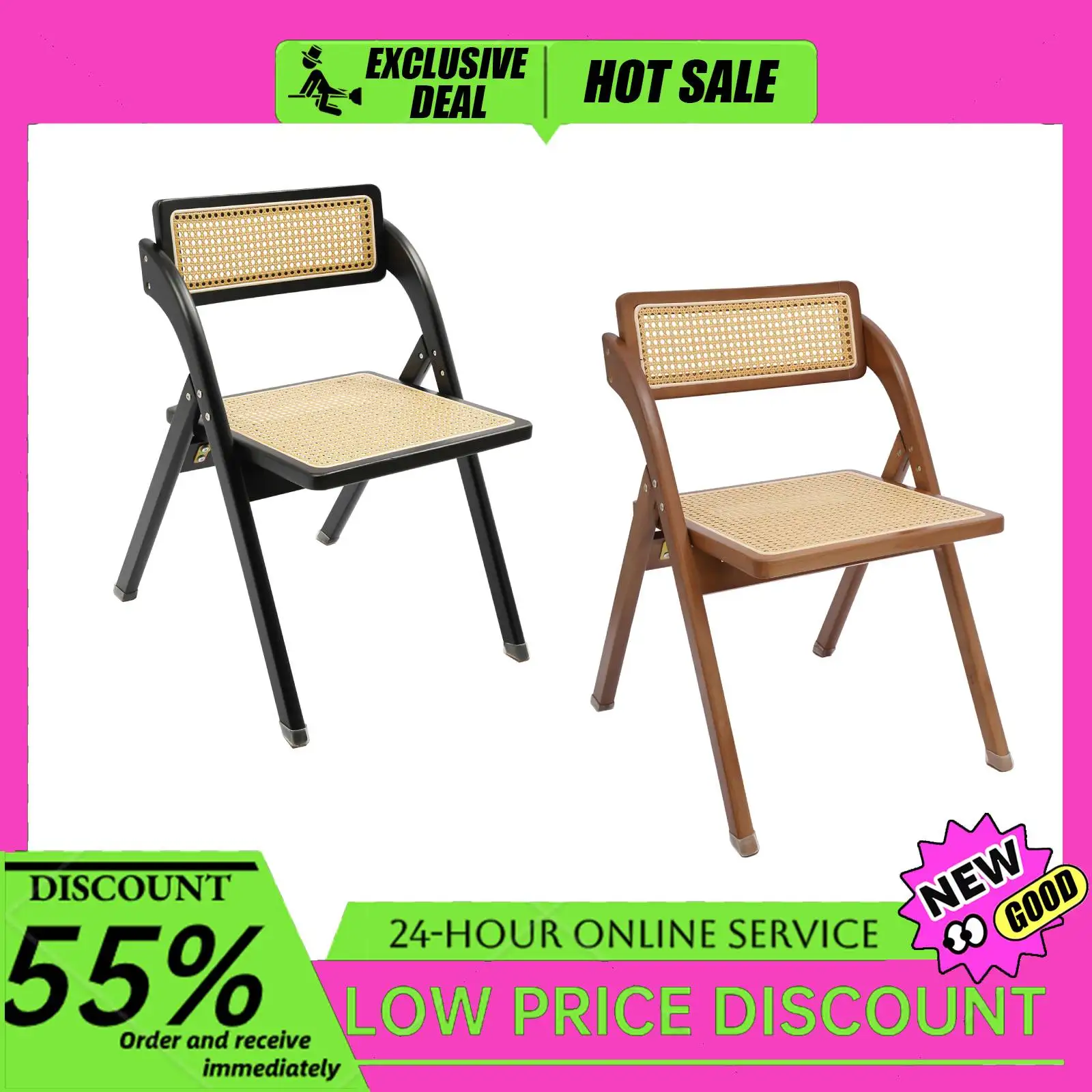 Rattan-Klappstuhl, 220 Pfund, Retro-Holz, zusammenklappbarer Rattan-Esszimmerstuhl für drinnen und draußen