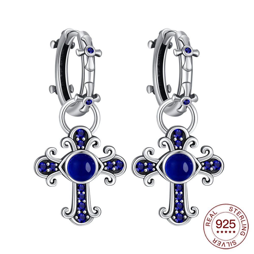 S925 Sterling Silber Blau Zirkon Kreuz Ohrringe Heiße Neue Original Schmuck Mode Klassische Ohrring Elegante Täglichen Gfit Für Frauen