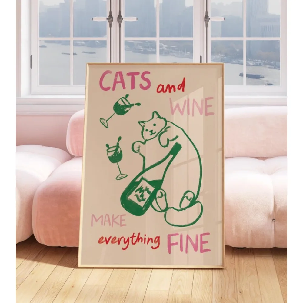 Impression de cuisine de chats et de vin, impression de cuisine colorée, affiche de cuisine abstraite, décor de cuisine, impression de cuisine Inspo, cadeau de pendaison de crémaillère