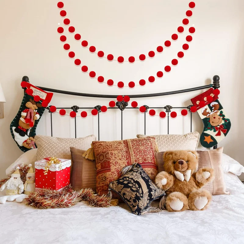 Weihnachts-Pom-Pom-Filz-Kugelgirlande, 6,6 Fuß lange Girlande zum Aufhängen, Banner, Weihnachtsbaumdekoration (rot) Image