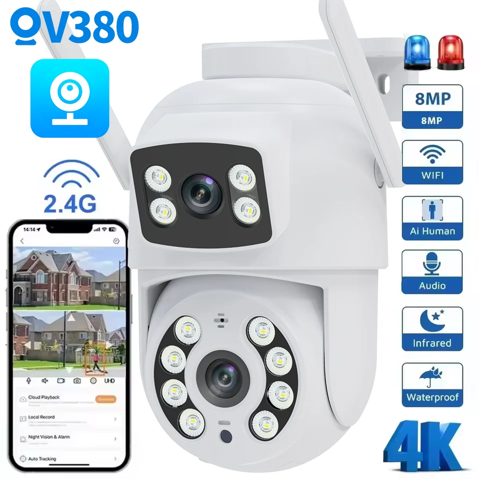 V380 Überwachungskamera PTZ WiFi 2k Dual Lens Dual Screen Manuelle Erkennung Vollfarb-Nachtsicht-Überwachungskamera für den Außenbereich