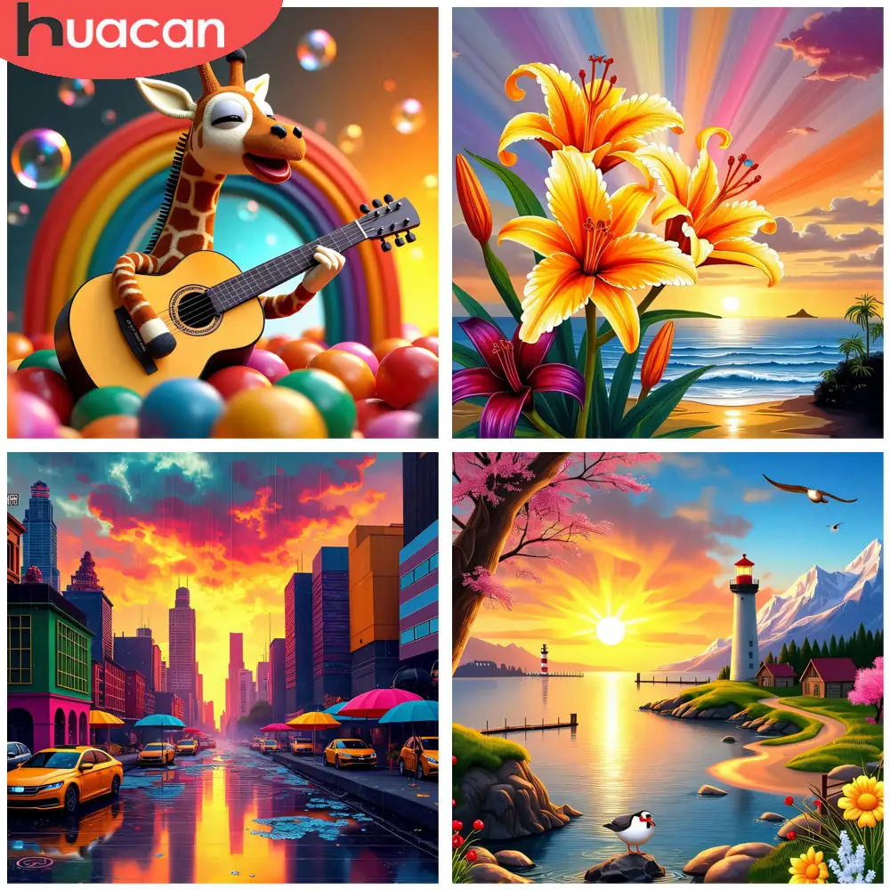 HUACAN Vollbohrer-Diamantgemälde, Kunst, fröhliche Giraffe, die Gitarre spielt, Fantasie, 5D-Diamant-Malerei-Set, Mosaik-Kunst, Heimdekoration Image