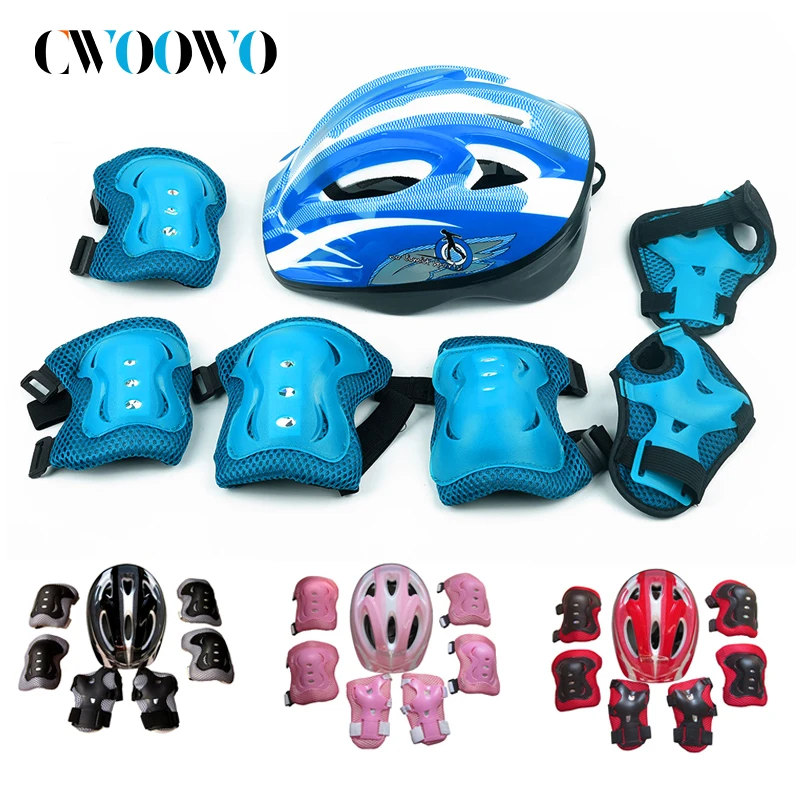 7Pcs/Set Kids Bike Helmet Pad Set Elbow Knee Wrist Pads Protective Gear Set for Skateboard, Roller Skating, Scooter Sports