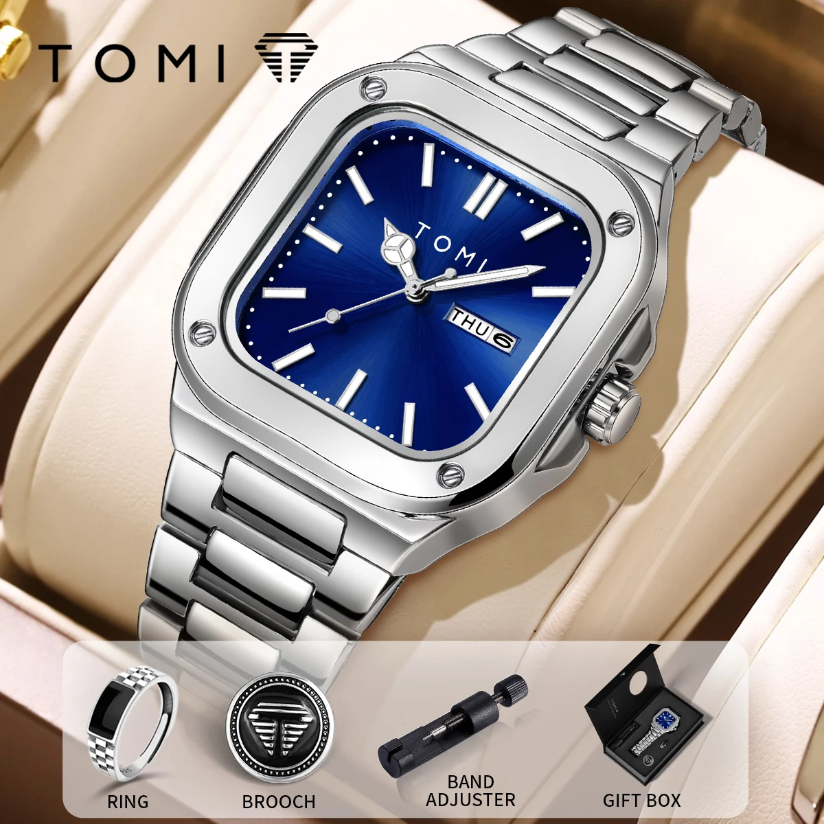 TOMI Coffret cadeau montre carrée pour homme – Boîtier et bracelet en acier inoxydable ultra fin, montre à quartz d