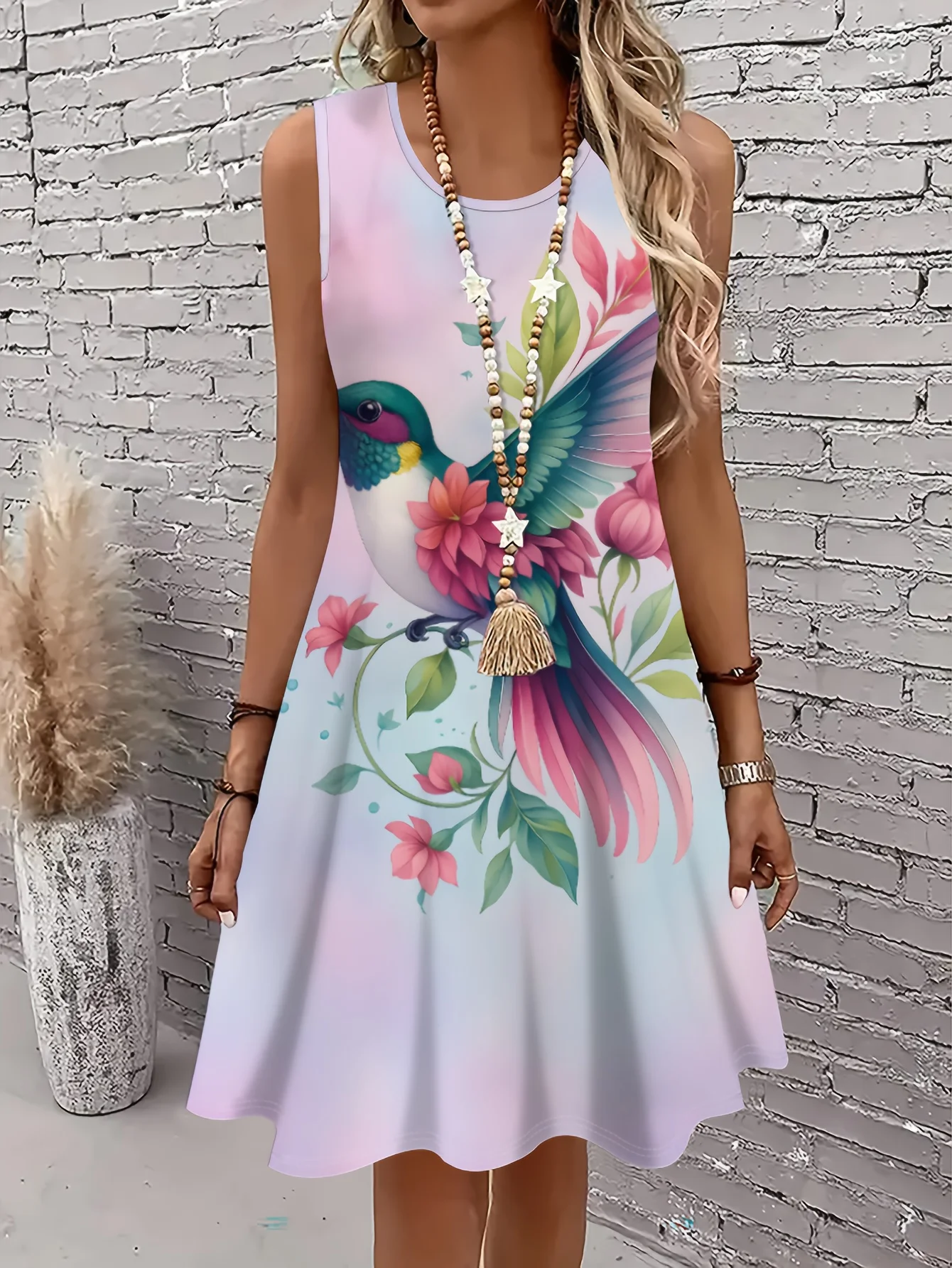 Lebendiges Kolibri- und rosa Blumen-3D-Druck-Damenkleid mit Blumenmuster, ärmelloses A-Linien-Kleid, böhmische Freizeitausflüge, Damenbekleidung Image