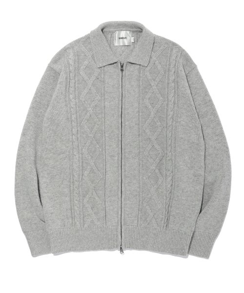 soundslife ZIGZAG Cable Collar Knit Zip-Up Light Gray