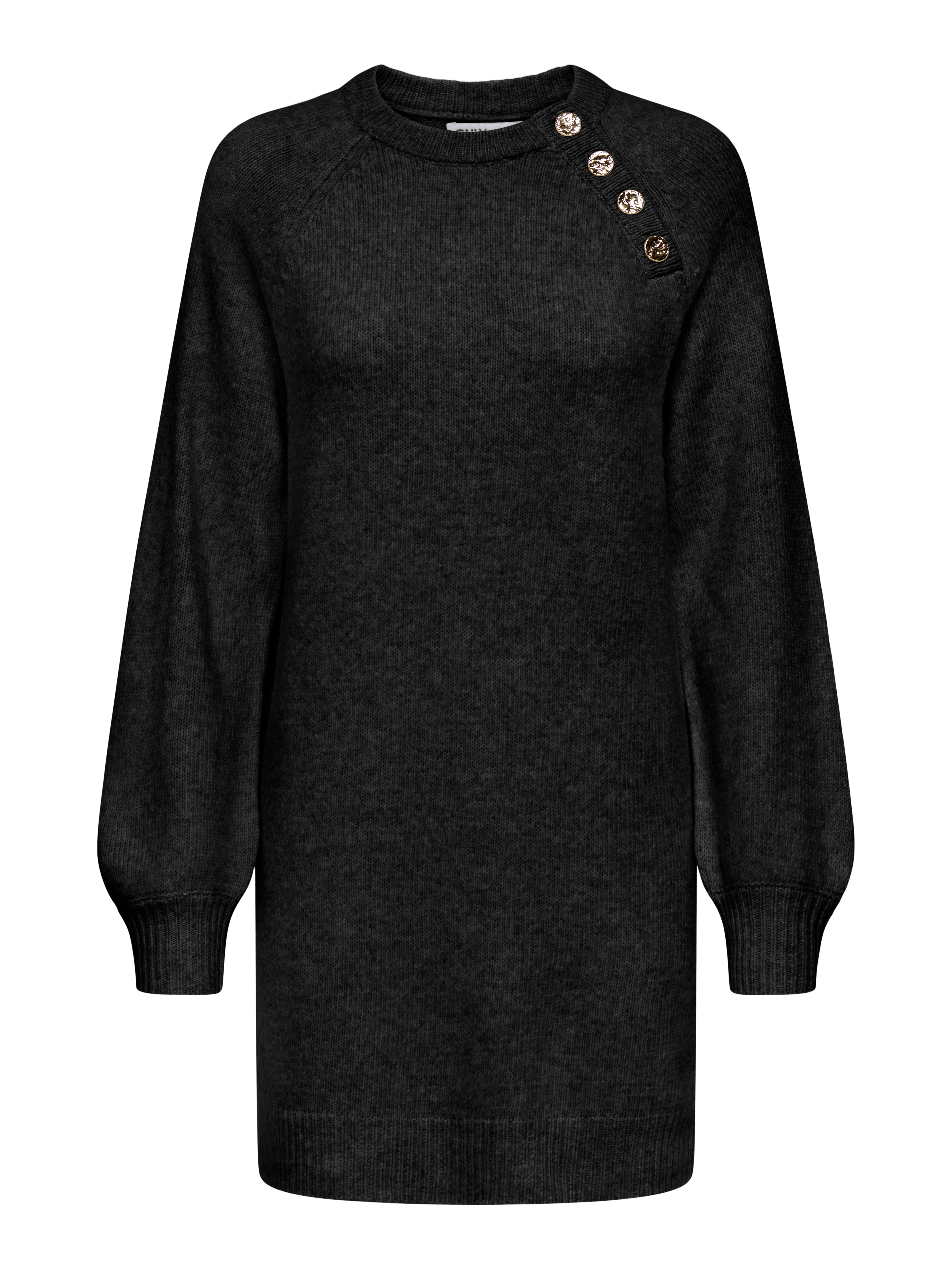 Strickkleid ONLY "ONLFI LIFE LS BUTTON ONEC DRESS ZL KNT", Damen, Gr. XS, N-Gr, schwarz (schwarz detail:gold button), Feinstrick, Obermaterial: 50% Polyacryl, 50% Polyester, unifarben, figurbetont, Rundhals, Kleider Strickkleid