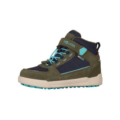 Winterstiefel TROLLKIDS "KIDS GRYLLEFJORD MID CUT", Gr. 38, mystic blau, pine grün, arctic blau, Leder, Synthetik, sportlich, Schuhe, wasserdicht, Klettverschluss, reflektierende Details Image