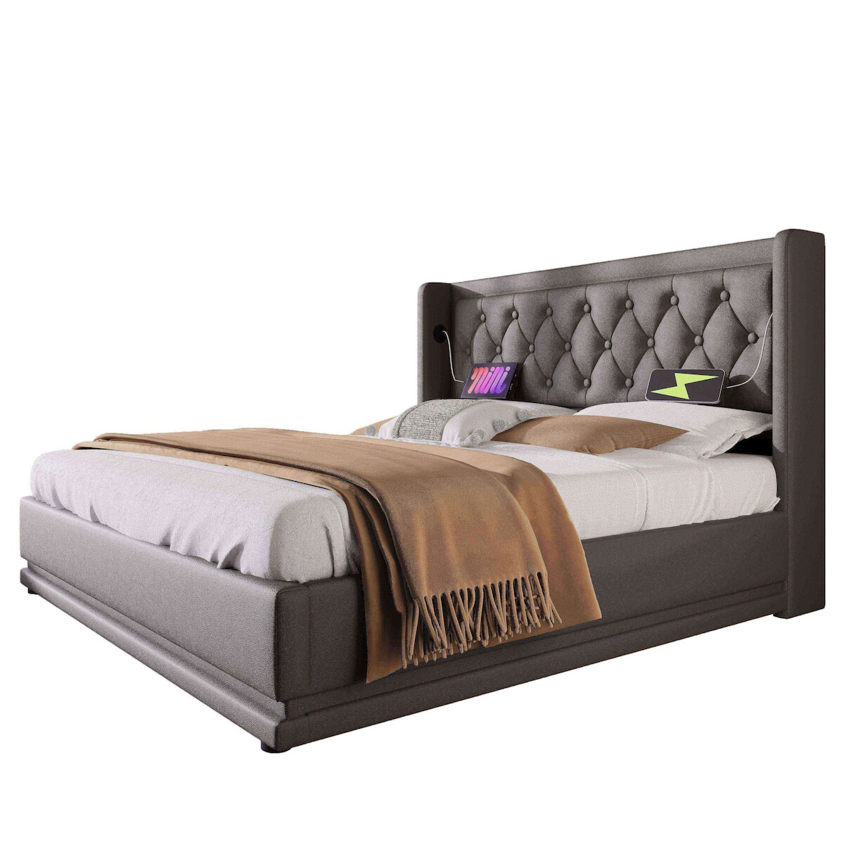 OKWISH Polsterbett 160×200 cm mit hydraulischem Stauraum, LED-Licht, Kopfteil mit USB-Ladefunktion, Baumwolle oder PU, modernes Schlafzimmerbett Schwarz Image