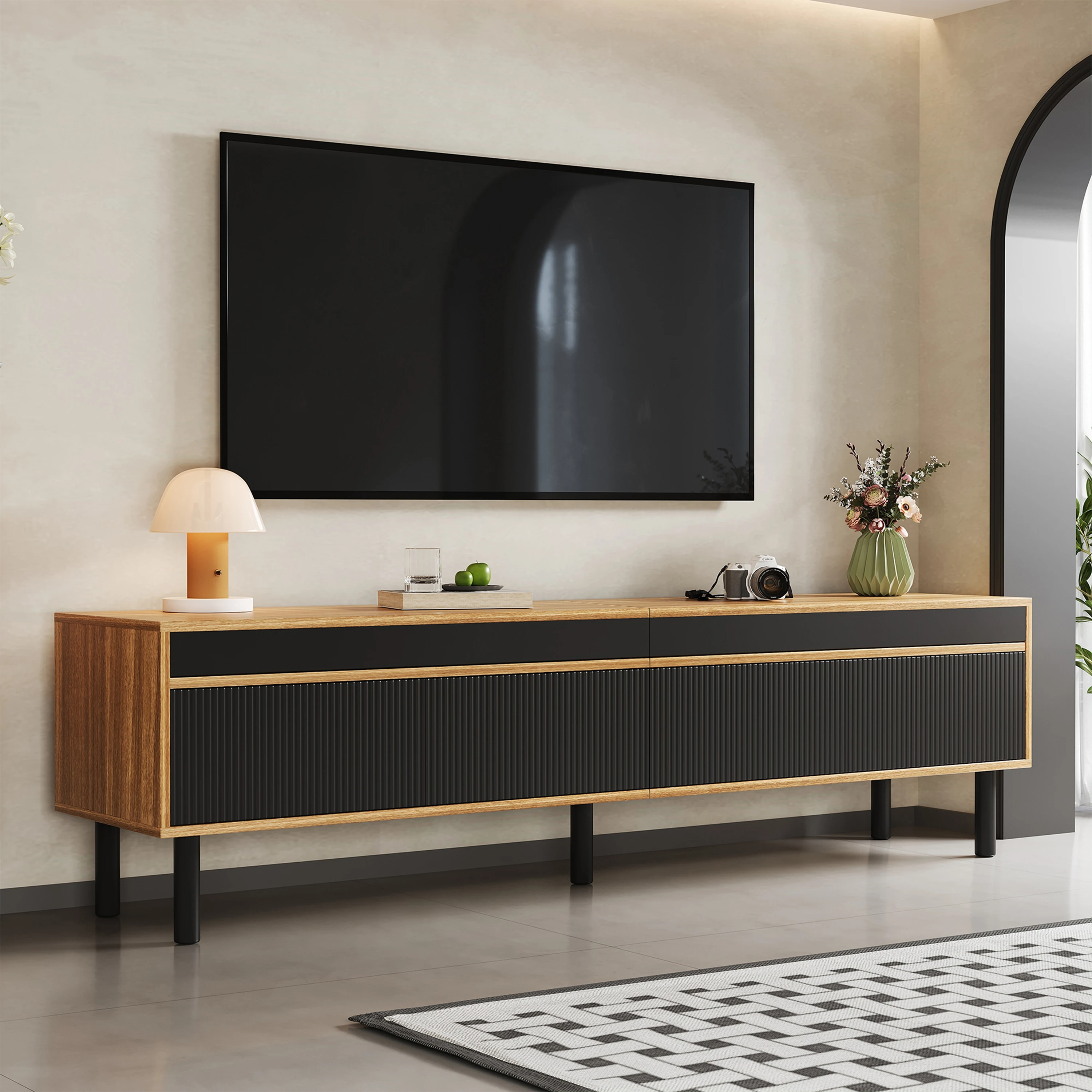 Meuble TV, meuble TV, panneau TV, meuble base à trois portes. Texture fine. Disponible en noir Hauteur 47 cm / Longueur 170 cm / Largeur 38 cm
