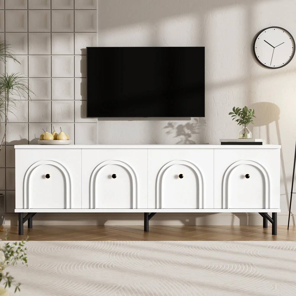 ​ ​ Console multimédia blanche de 160 cm – Conception flottante à 4 portes avec charnières à fermeture douce et rangement sous le meuble TV, meuble TV moderne pour le salon ​ ​