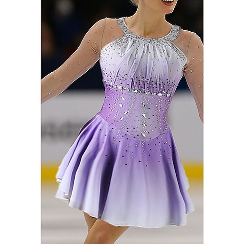 Eiskunstlaufkleid Damen Mädchen Eislaufen Kleid Violett Patchwork Asymmetrischer Saum Netzstoff Spandex Hohe Elastizität Training Wettbewerb Eiskunstlaufkleidung Klassisch Kristall / Strass Langarm Image