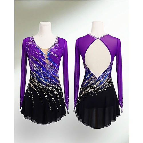 Eiskunstlaufkleid Damen Mädchen Eislaufen Kleid Purpur Patchwork Offener Rücken Netzstoff Spandex Hohe Elastizität Training Wettbewerb Eiskunstlaufkleidung Klassisch Kristall / Strass Langarm Image