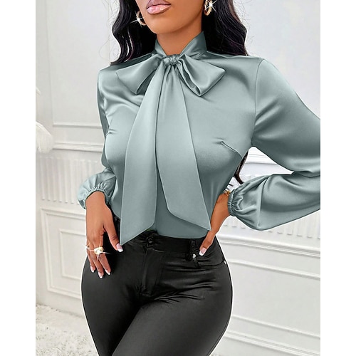 Damen Hemd Elegant Satin-Top Satinhemd Schleife Einfach Elegant Stilvoll Basic Langarm Krawattenhals Normale Oberteile Täglich Ausgehen Grün Frühling Herbst Image