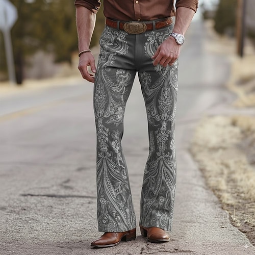 Herren Blumendruck Blumen Disco-Hosen 60er 70er Schlaghosen Mittlere Taille Western Vintage-Retro Outdoor Urlaub Party Seitentaschen Schlaghose Frühling Herbst 3D-Druck Blau Purpur Beige Image