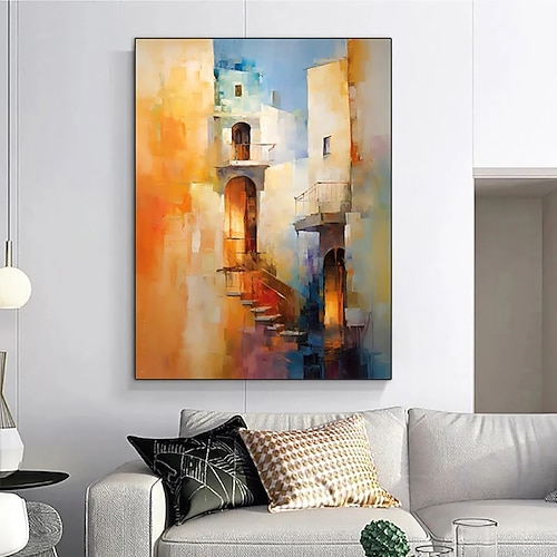 handgefertigtes Ölgemälde auf Leinwand, Wandkunst, Dekoration, Eindruck, farbenfrohes Gebäude für Zuhause, Wohnzimmer, Arbeitszimmer, Dekor, gerollt, rahmenlos, ungedehntes Gemälde Image