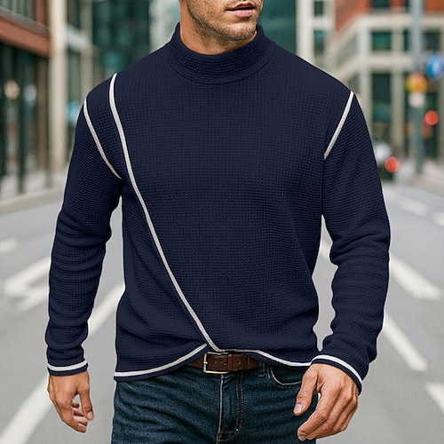 Herren Waffelhemd Rollkragenhemd T-Shirt Langarmshirt Langarm Rollkragen Hoher Ausschnitt Herbst Frühling Herbst Einfach Mode Designer Basic Wickeln Übergang Urlaub Straße Lässig Weiß Marineblau Image
