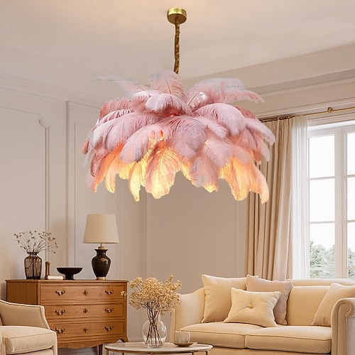 LED Pendelleuchte Kronleuchter wunderschöne extra große weiße Straußenfeder Bouquet Pendelleuchte romantische montierte Leuchte für Restaurant Schlafzimmer Image