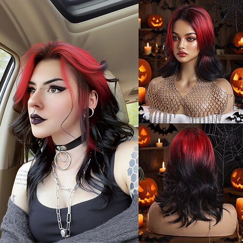 Synthetische Spitzenperücke Bodywave Stil 16 Zoll Mehrfarbig Mittelscheitel U-Teil Perücke Damen Perücke Schwarz / Rot Image