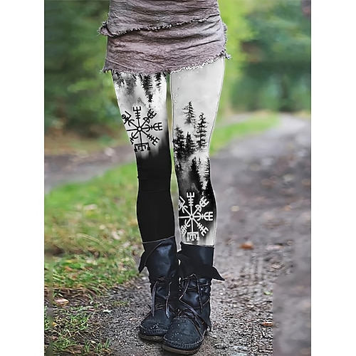 Womens Viking Boho Slacks Leggings Bequeme Leggings Urlaub Vintage Streetwear Vollständig Länge Natürliche Grafische Schneeflocke Elastischer Bund Druck Gemütlich Bequem Dehnbar Urlaub Straße Schwarz Image