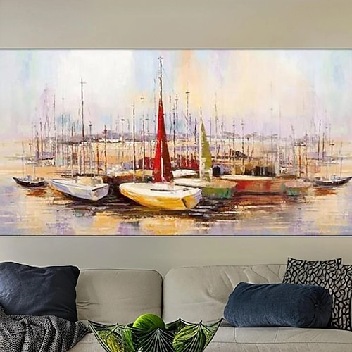 Großes handgemaltes Wandkunst-Segelboot-Party-Ölgemälde, handgefertigte Meereslandschaft, Texturmalerei, Kunst, buntes Bootsbild, Wandkunst, Heimdekoration, Dekor, gerollte Leinwand, kein Rahmen, Image