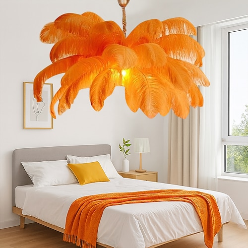 Wunderschöne, extra große LED-Pendelleuchte mit weißem Straußenfederbouquet, romantische Wandleuchte für Restaurant und Schlafzimmer, verstellbare Kette (inkl. kostenloser Ersatzbirne!). Image