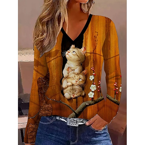 Damen T Shirt Druck Grafik Tiermotiv Katze Vintage Stilvoll Klassisch Langarm V Ausschnitt Normale Oberteile Täglich Orange Frühling Herbst Winter