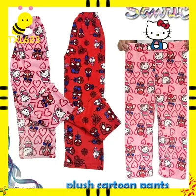 Cotton Velvet Hello Kitty Spider-man Unisex Loose Pajama Set with Long Pants Comfortable Fit, Perfect for Sleep Casual Home Wear