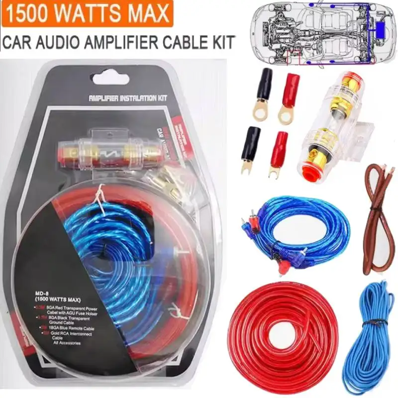1500W Audio Speakers Wiring Kit 8GA Car Subwoofer Cable 60 AMP Fuse Holder Speaker Installation Wires 18GA for Car Modification