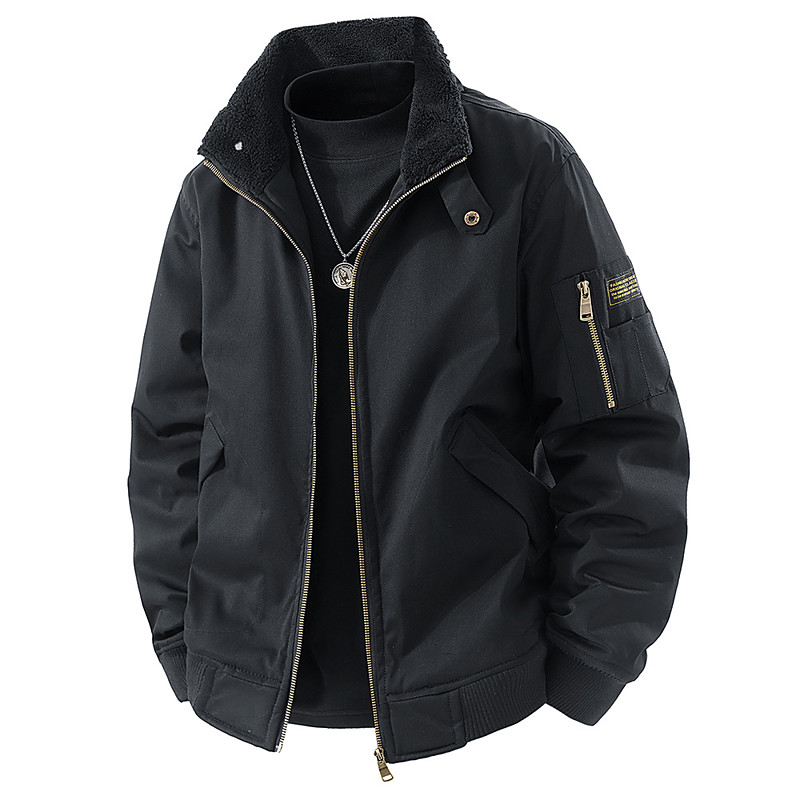 Men's Outdoor Jacket Bomber Jacket Cargo Jacket Formal Home Pocket Fleece Collar Spring Fall Winter Solid Color Active Neutral Regular Black Green Khaki Jacket