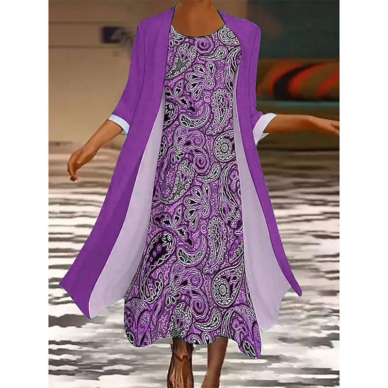 Women's Dress Set Maxi Dress A Line Dress Casual Graphic Tribal Print Midi Dress 3/4 Length Sleeve Crew Neck Daily Blue Purple Green Summer Spring Regular Fit