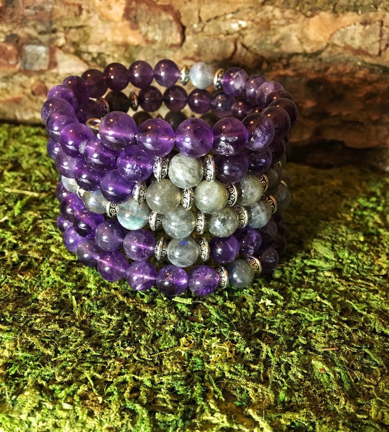 Bracciale Mala con AMETISTA e LABRADORITE / 108 perline Mala / Mala da polso unisex / Perline da preghiera per la meditazione / Bracciale con ametista